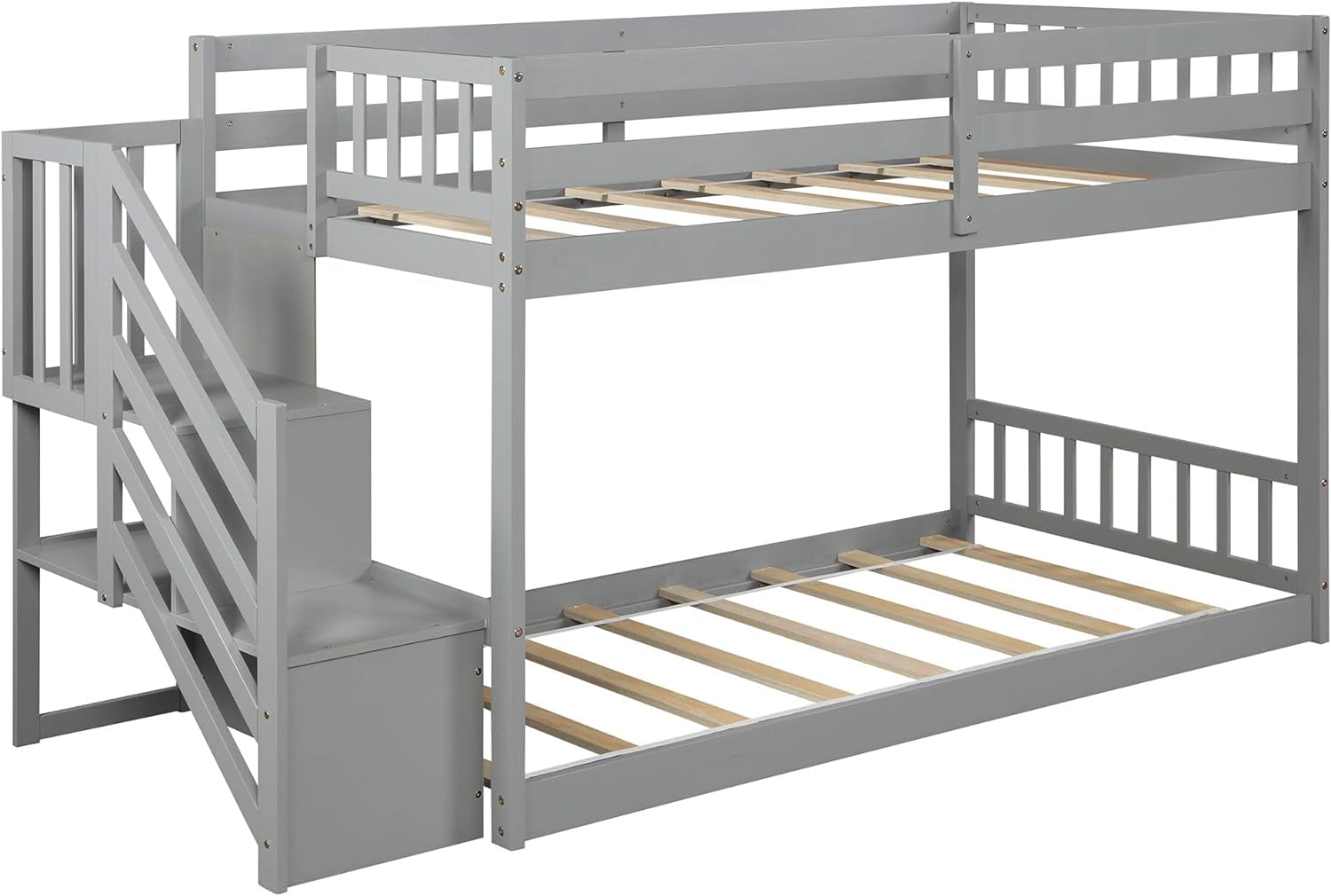 Twin Bunk Beds with Storage for Kids, Low Profile Bunk Beds with Staircase, No Box Spring Needed