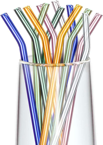 Reusable Glass Straws, Reusable Bent Glass Drinking Straws with 2 Cleaning Brushes, Reusable Straws for Smoothies, Milkshakes, Juice(Multicolor, 12 Pack)