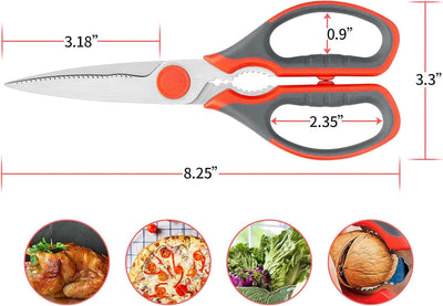 Multifunction Kitchen Scissors 2-Piece Set , Heavy Duty Food Shears for Chicken Meat Vegetable Fish Herb Poultry Stainless Steel Cooking Scissors with Comfortable Handle Scissors Set (Red)