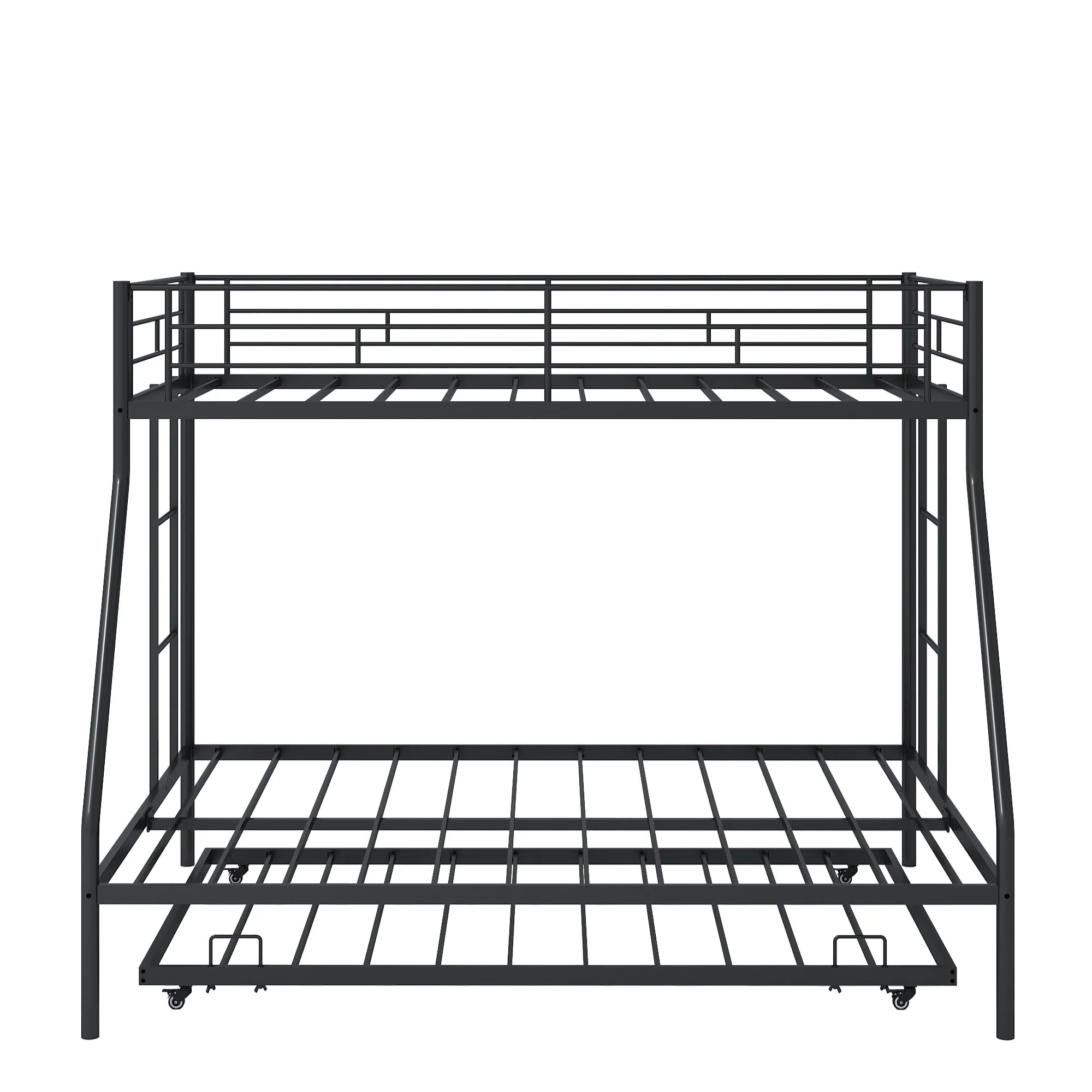 Twin over Full Metal Bunk Beds with Trundle Bed,  Metal Bunk Beds for Kids Teens Adults with Ladders, Twin over Full Size Bunkbed Frame, No Box Spring Needed, with CPC Certification, Black