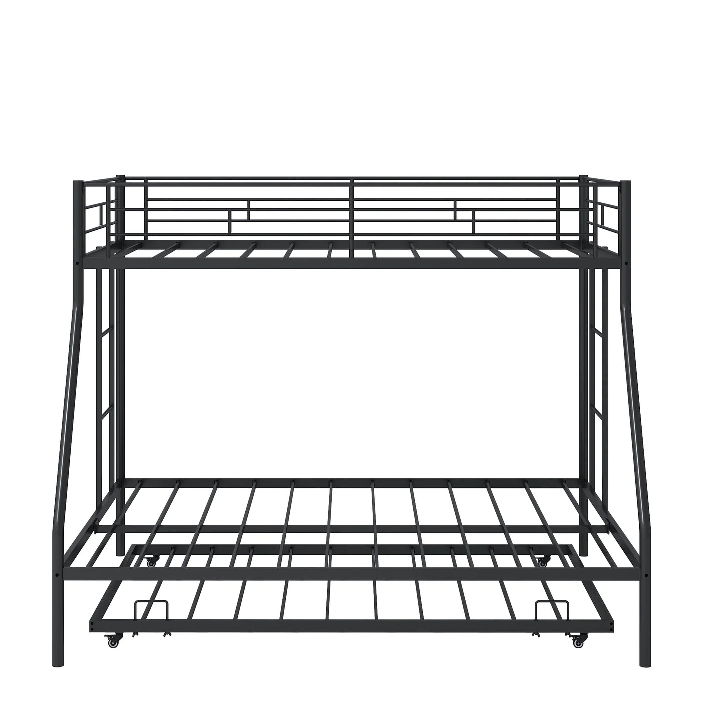 Twin over Full Metal Bunk Beds with Trundle Bed,  Metal Bunk Beds for Kids Teens Adults with Ladders, Twin over Full Size Bunkbed Frame, No Box Spring Needed, with CPC Certification, Black
