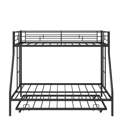 Twin over Full Metal Bunk Beds with Trundle Bed,  Metal Bunk Beds for Kids Teens Adults with Ladders, Twin over Full Size Bunkbed Frame, No Box Spring Needed, with CPC Certification, Black