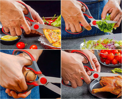 Multifunction Kitchen Scissors 2-Piece Set , Heavy Duty Food Shears for Chicken Meat Vegetable Fish Herb Poultry Stainless Steel Cooking Scissors with Comfortable Handle Scissors Set (Red)