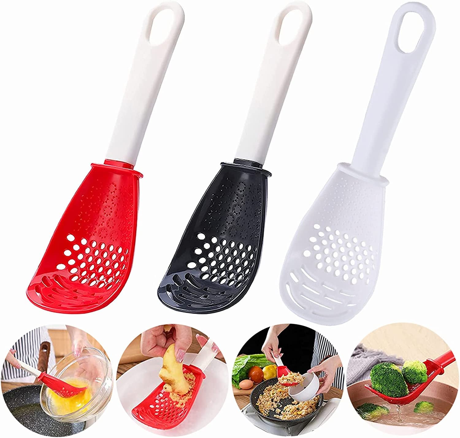 6In1 Multifunctional Kitchen Cooking Spoon- Kitchen Gadgets Strainers for Egg Yolk Separator- Grater Masher- Colander Skimmer Scoop- for Mashing, Grating, Draining, Heat Resistant (Color Mixing)