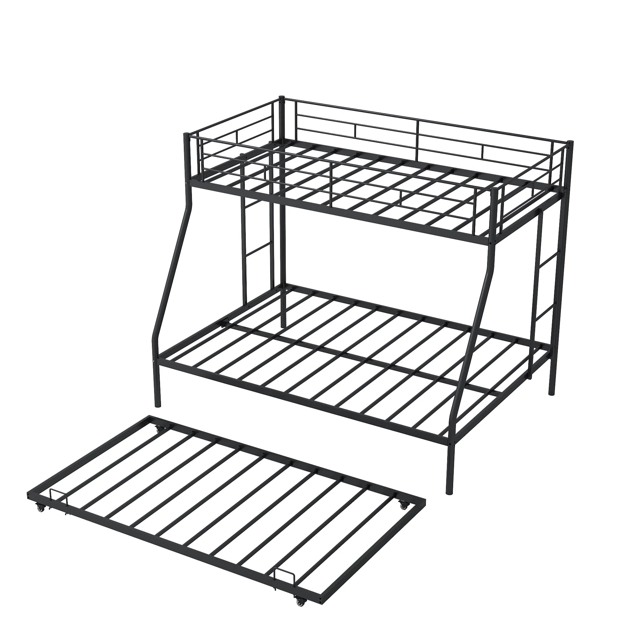 Twin over Full Metal Bunk Beds with Trundle Bed,  Metal Bunk Beds for Kids Teens Adults with Ladders, Twin over Full Size Bunkbed Frame, No Box Spring Needed, with CPC Certification, Black