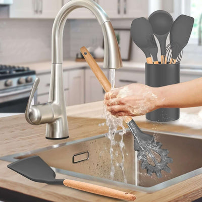 30 PCS Silicone Cooking Utensils Set with Organizer, Silicone Kitchen Essential Utensil Set with Wooden Handle, Kitchen Cookware Gadgets Tools, Kitchen Cooking Tool Heat Resistant, Gray