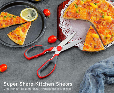 Multifunction Kitchen Scissors 2-Piece Set , Heavy Duty Food Shears for Chicken Meat Vegetable Fish Herb Poultry Stainless Steel Cooking Scissors with Comfortable Handle Scissors Set (Red)
