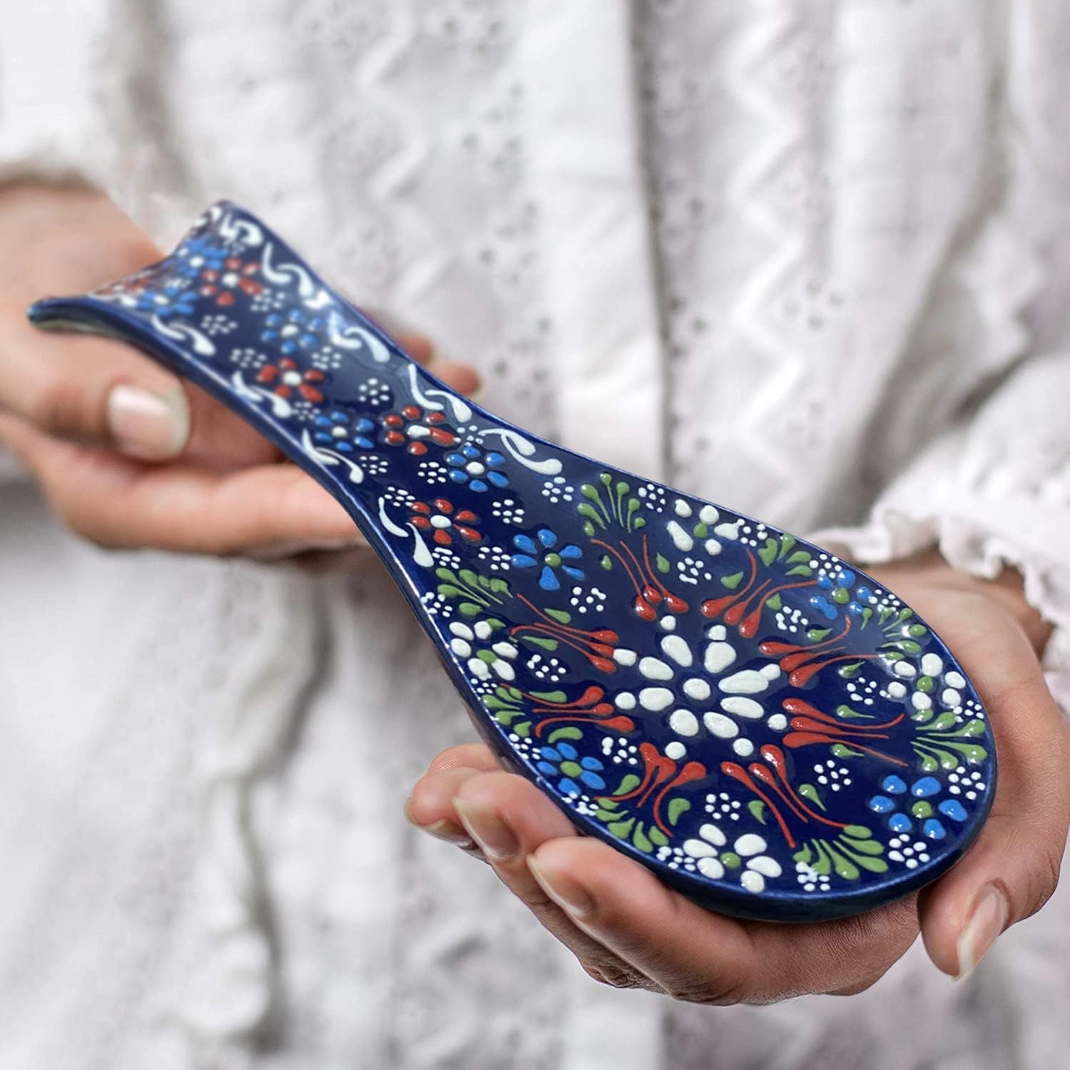 Hand Painted Turkish Ceramic Spoon Rest - Unique Embossed Design Craftsmanship Blue Spoon Holder - Decorative Colorful Spoon Rest - Kitchen Counter Utensils - Kitchen Decor and Accessories