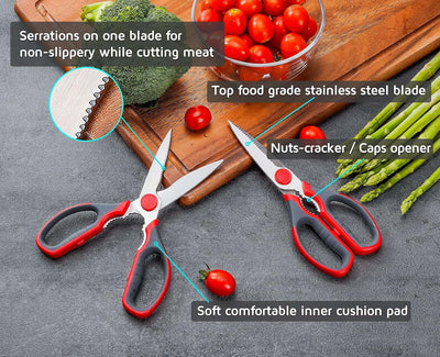 Multifunction Kitchen Scissors 2-Piece Set , Heavy Duty Food Shears for Chicken Meat Vegetable Fish Herb Poultry Stainless Steel Cooking Scissors with Comfortable Handle Scissors Set (Red)
