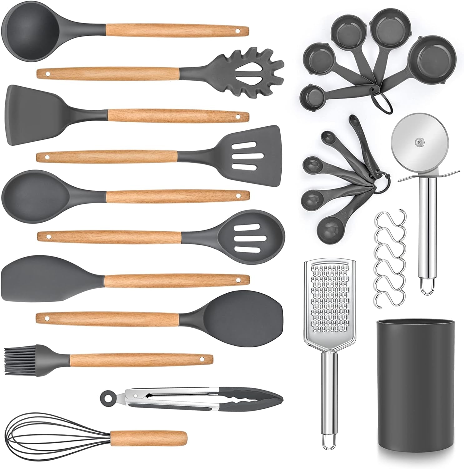 30 PCS Silicone Cooking Utensils Set with Organizer, Silicone Kitchen Essential Utensil Set with Wooden Handle, Kitchen Cookware Gadgets Tools, Kitchen Cooking Tool Heat Resistant, Gray