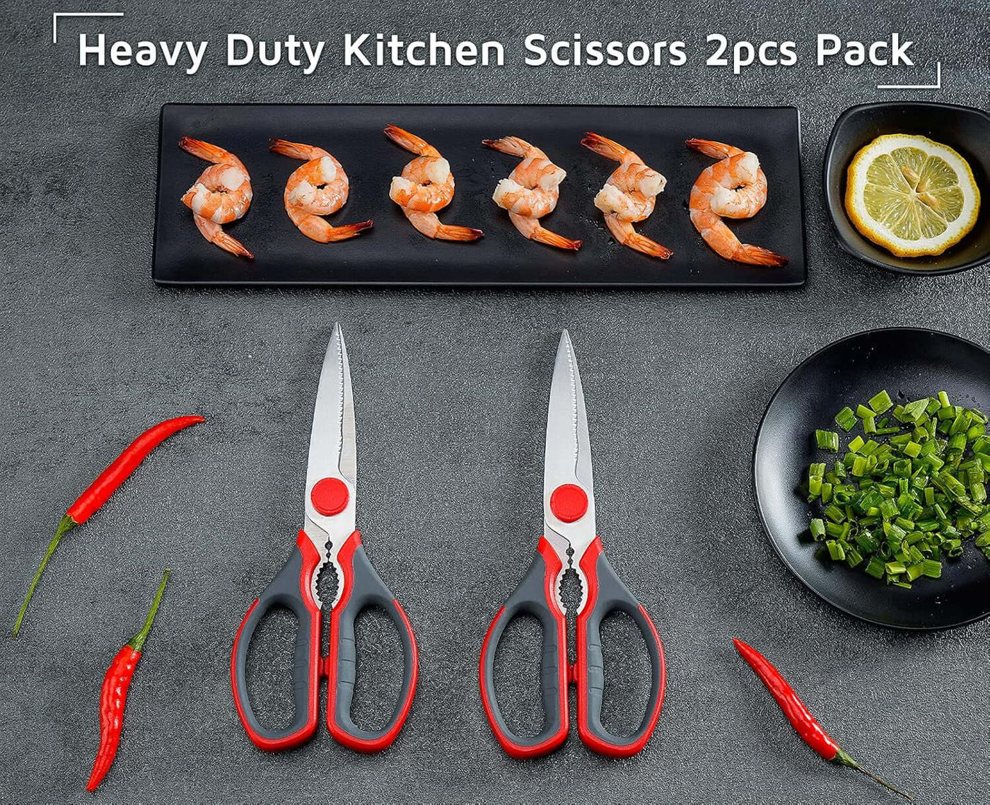 Multifunction Kitchen Scissors 2-Piece Set , Heavy Duty Food Shears for Chicken Meat Vegetable Fish Herb Poultry Stainless Steel Cooking Scissors with Comfortable Handle Scissors Set (Red)