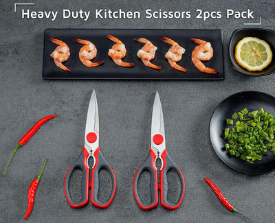 Multifunction Kitchen Scissors 2-Piece Set , Heavy Duty Food Shears for Chicken Meat Vegetable Fish Herb Poultry Stainless Steel Cooking Scissors with Comfortable Handle Scissors Set (Red)