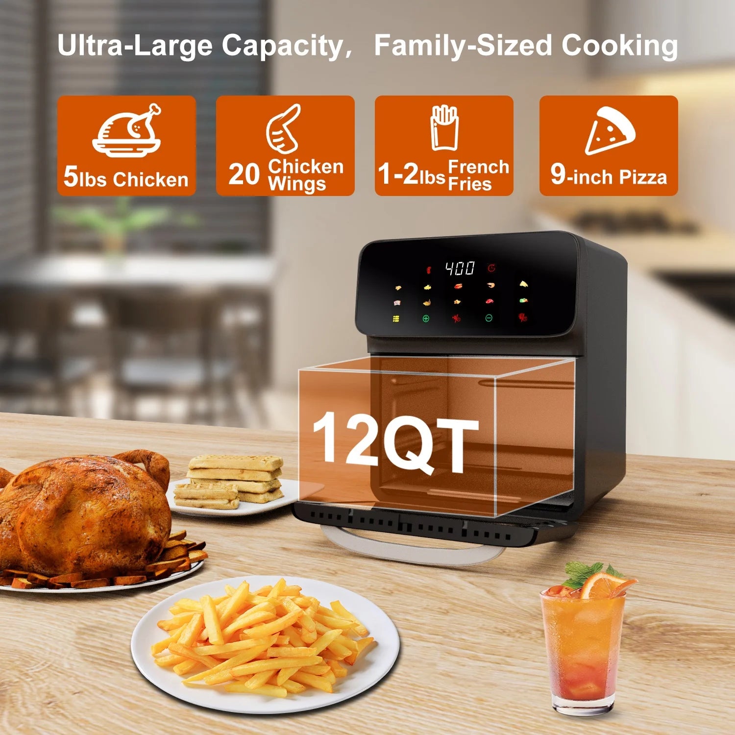 Air Fryer, Muti-Functions with Rotisserie, Dehydrate, Dual Heating Elements with Convection Fan for Fast Cooking