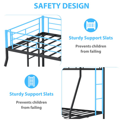 Twin over Full Metal Bunk Beds with Trundle Bed,  Metal Bunk Beds for Kids Teens Adults with Ladders, Twin over Full Size Bunkbed Frame, No Box Spring Needed, with CPC Certification, Black