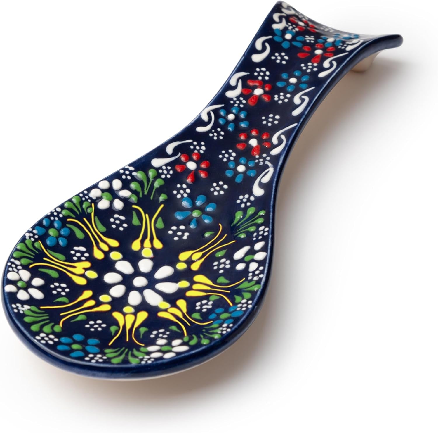 Hand Painted Turkish Ceramic Spoon Rest - Unique Embossed Design Craftsmanship Blue Spoon Holder - Decorative Colorful Spoon Rest - Kitchen Counter Utensils - Kitchen Decor and Accessories