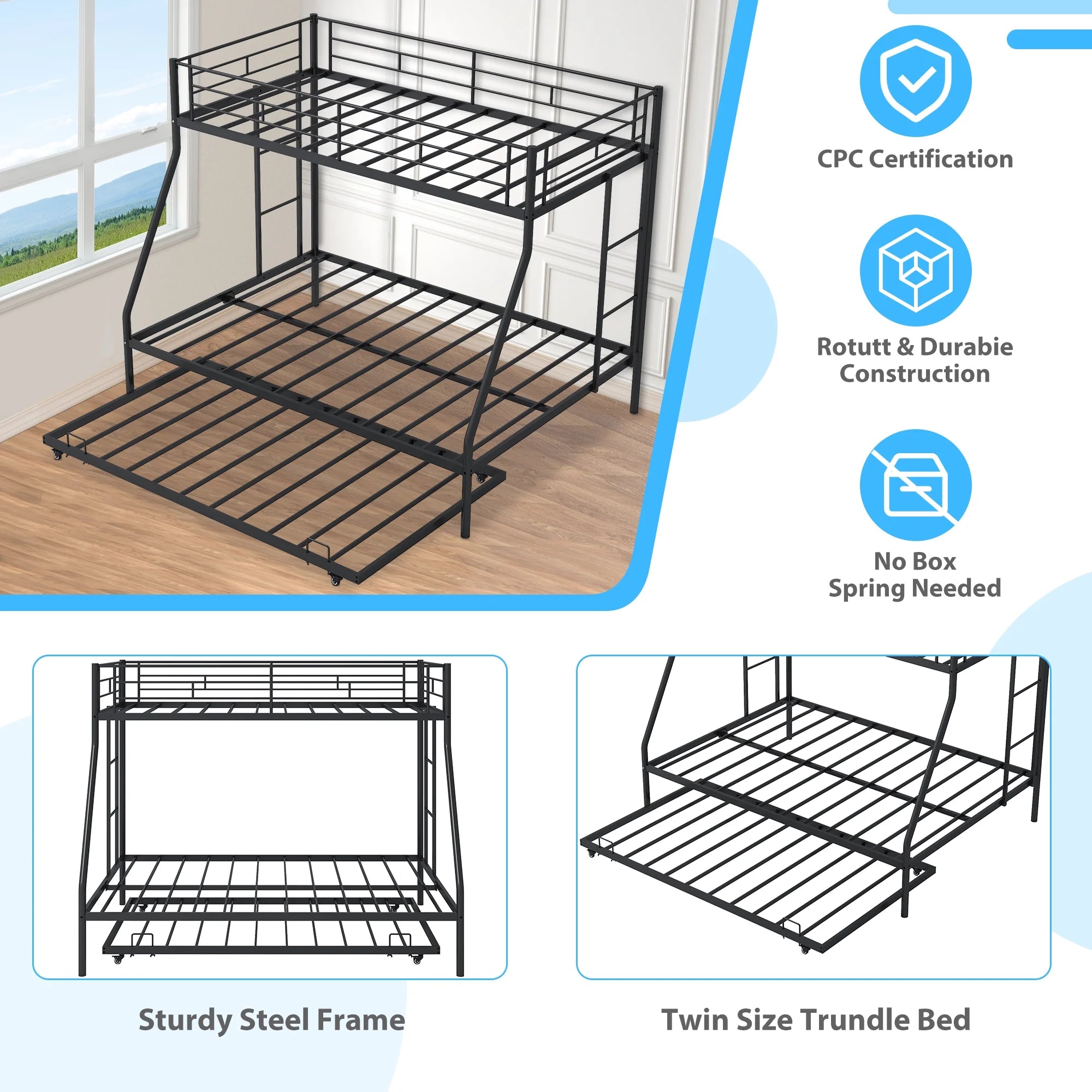 Twin over Full Metal Bunk Beds with Trundle Bed,  Metal Bunk Beds for Kids Teens Adults with Ladders, Twin over Full Size Bunkbed Frame, No Box Spring Needed, with CPC Certification, Black