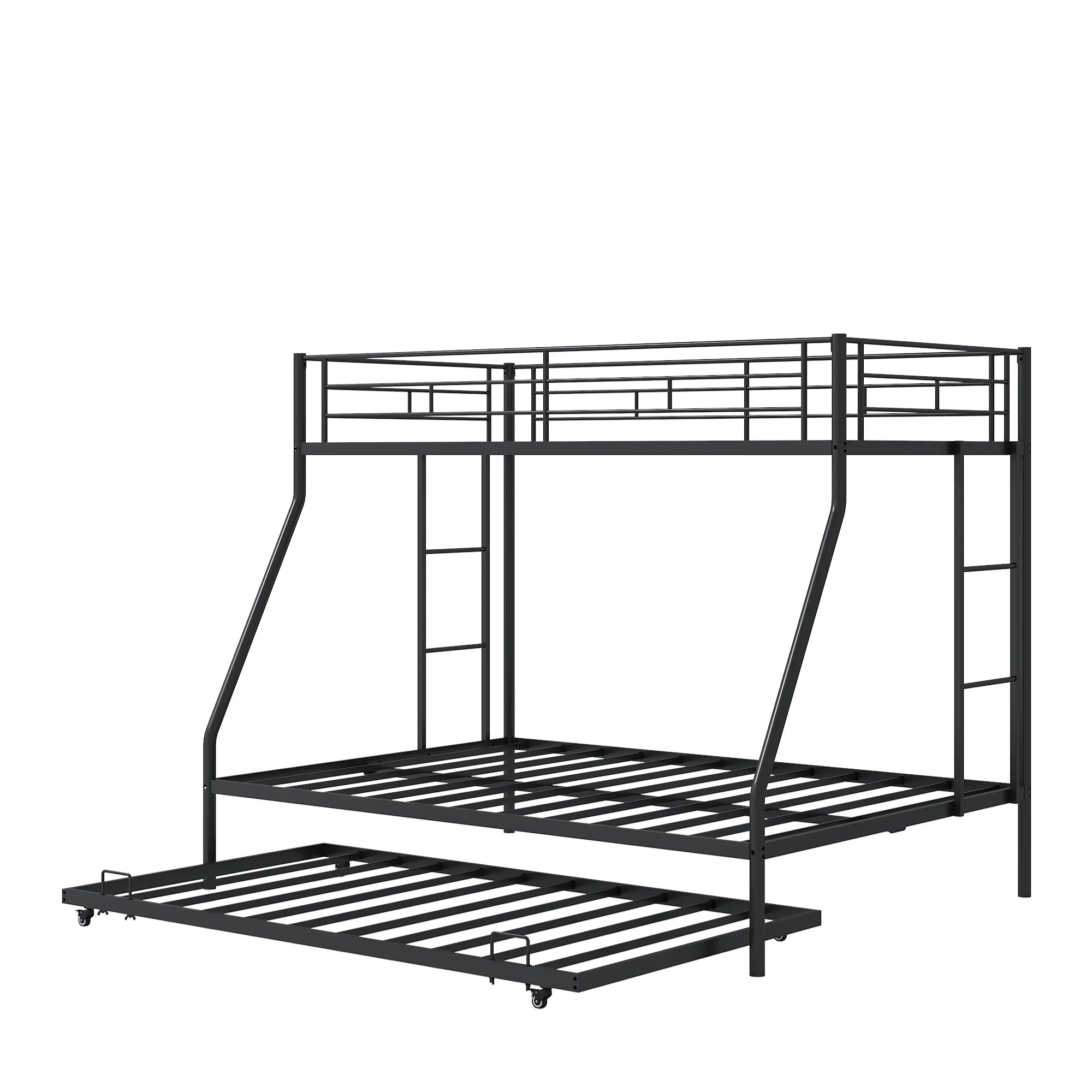 Twin over Full Metal Bunk Beds with Trundle Bed,  Metal Bunk Beds for Kids Teens Adults with Ladders, Twin over Full Size Bunkbed Frame, No Box Spring Needed, with CPC Certification, Black