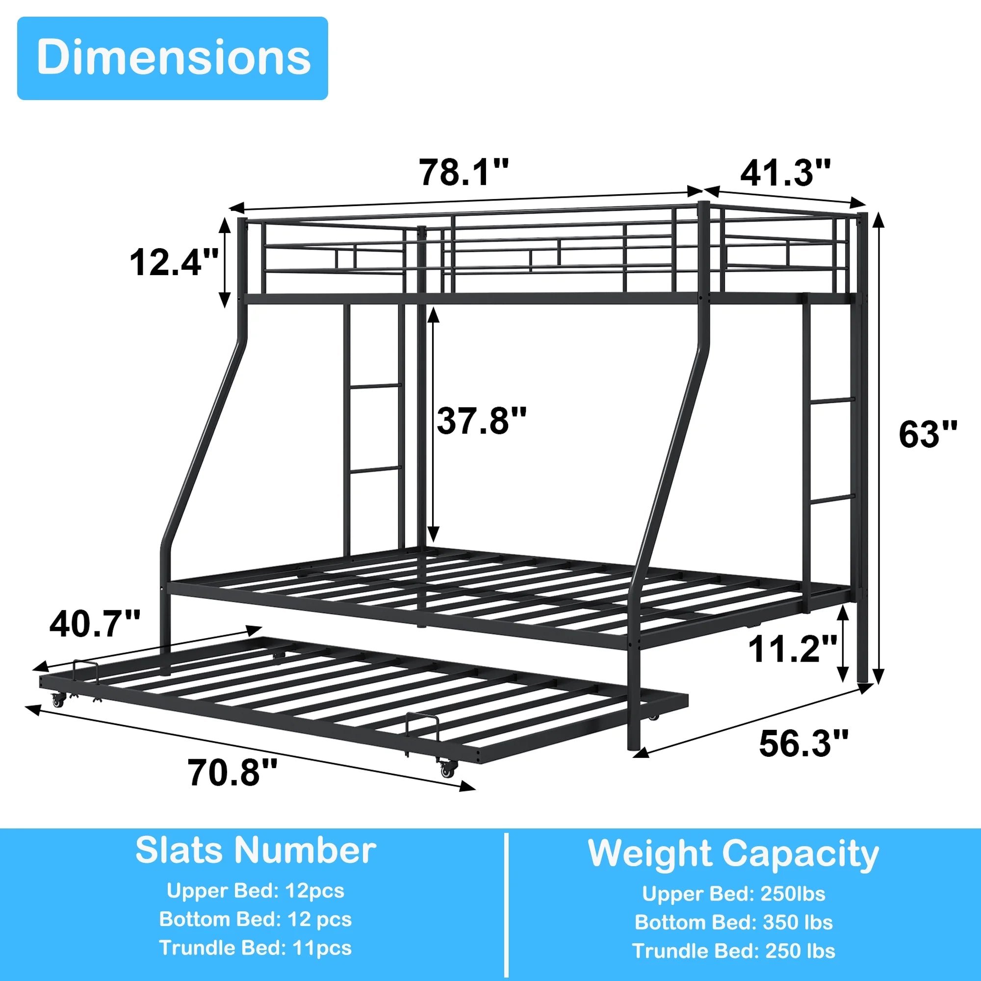 Twin over Full Metal Bunk Beds with Trundle Bed,  Metal Bunk Beds for Kids Teens Adults with Ladders, Twin over Full Size Bunkbed Frame, No Box Spring Needed, with CPC Certification, Black