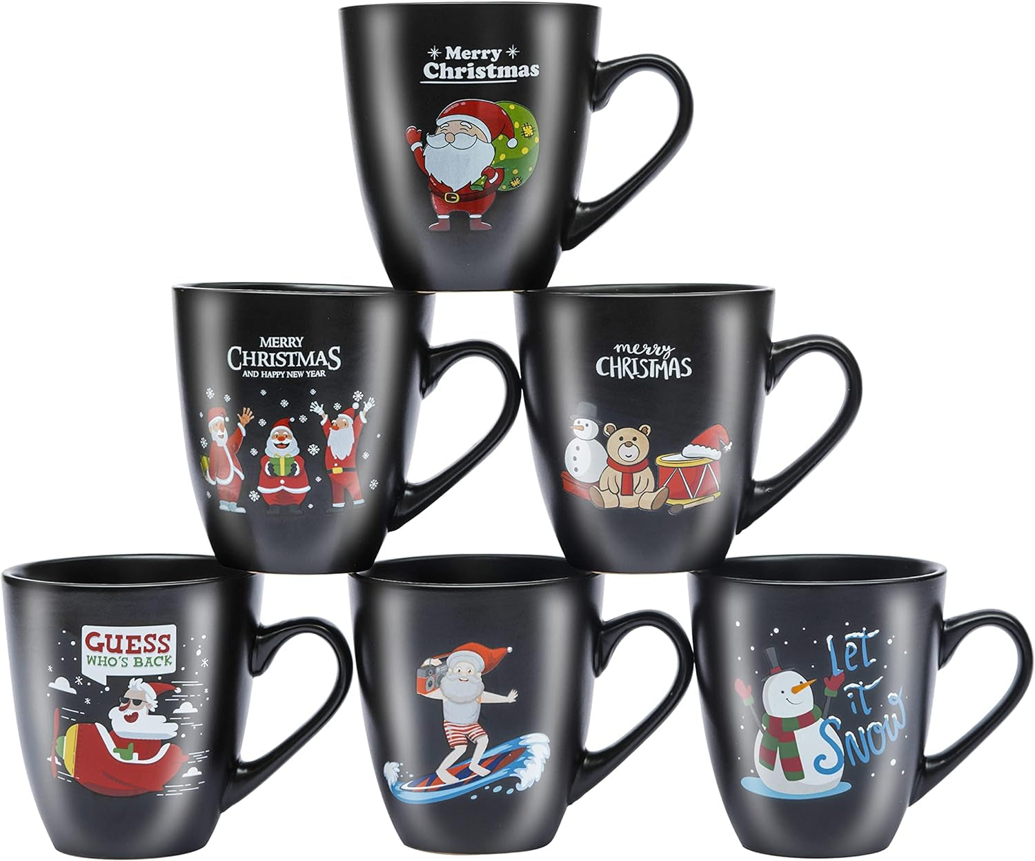 Coffee Mugs Set of 6 Large-Sized 16 Ounce Christmas Holiday Ceramic Mug - Holiday Coffee Mug Funny Novelty Mugs Decorative Christmas Gift, Christmas Matte Black