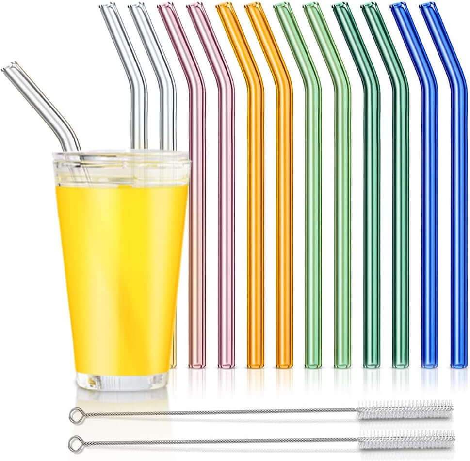 Reusable Glass Straws, Reusable Bent Glass Drinking Straws with 2 Cleaning Brushes, Reusable Straws for Smoothies, Milkshakes, Juice(Multicolor, 12 Pack)