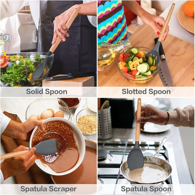30 PCS Silicone Cooking Utensils Set with Organizer, Silicone Kitchen Essential Utensil Set with Wooden Handle, Kitchen Cookware Gadgets Tools, Kitchen Cooking Tool Heat Resistant, Gray