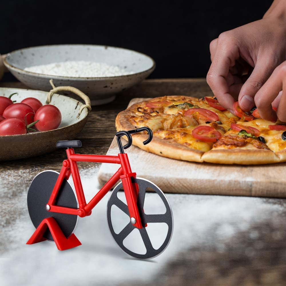 Bicycle Pizza Cutter,Non-Stick Bike Pizza Slicer, Dual Stainless Steel Cutting Wheels Best for Pizza Lovers,Holiday Vacation Funny White Elephant Gifts Exchange Kitchen Gadget Cool Men'S Gift