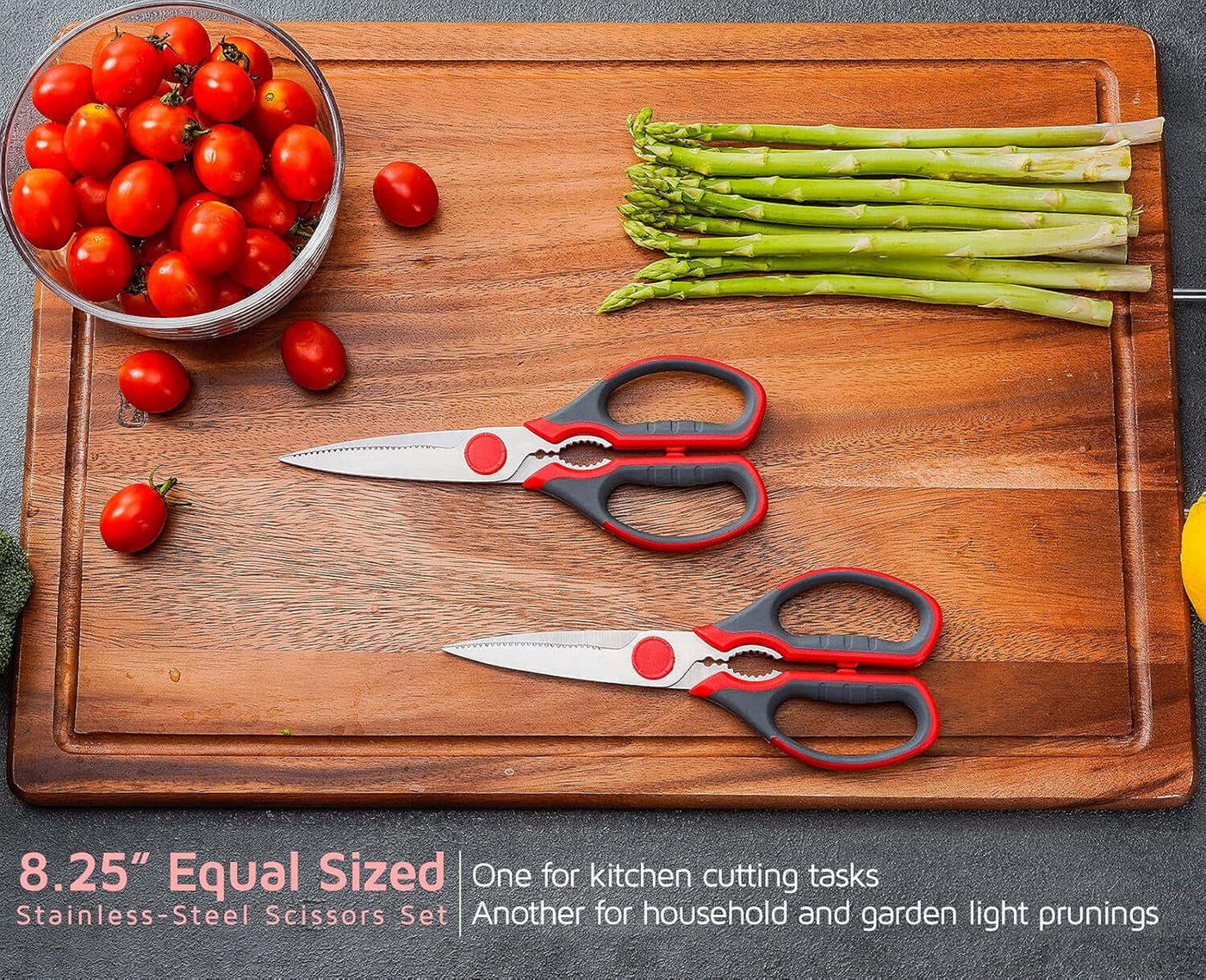 Multifunction Kitchen Scissors 2-Piece Set , Heavy Duty Food Shears for Chicken Meat Vegetable Fish Herb Poultry Stainless Steel Cooking Scissors with Comfortable Handle Scissors Set (Red)