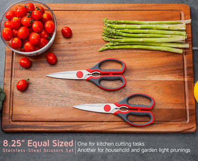 Multifunction Kitchen Scissors 2-Piece Set , Heavy Duty Food Shears for Chicken Meat Vegetable Fish Herb Poultry Stainless Steel Cooking Scissors with Comfortable Handle Scissors Set (Red)