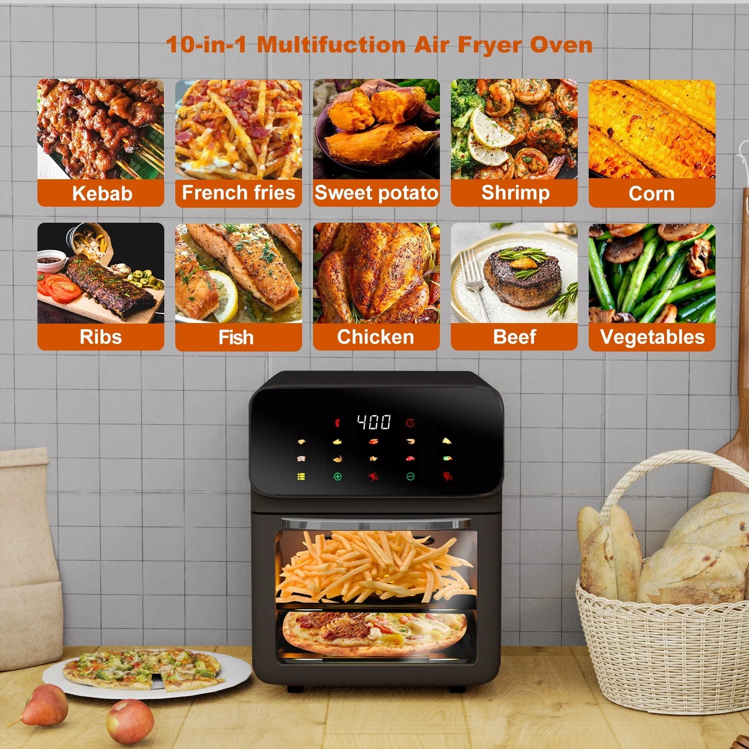 Air Fryer, Muti-Functions with Rotisserie, Dehydrate, Dual Heating Elements with Convection Fan for Fast Cooking