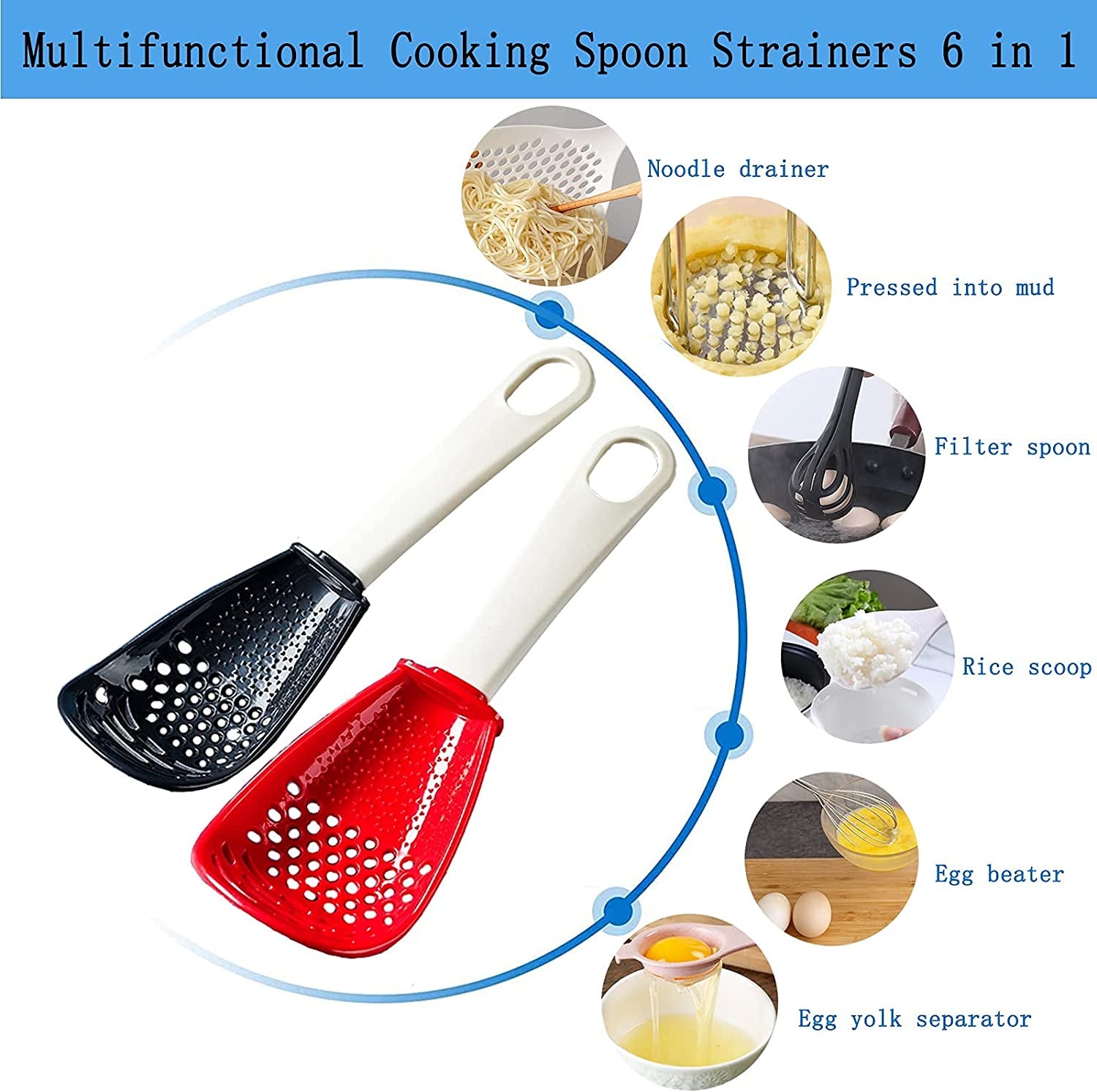 6In1 Multifunctional Kitchen Cooking Spoon- Kitchen Gadgets Strainers for Egg Yolk Separator- Grater Masher- Colander Skimmer Scoop- for Mashing, Grating, Draining, Heat Resistant (Color Mixing)