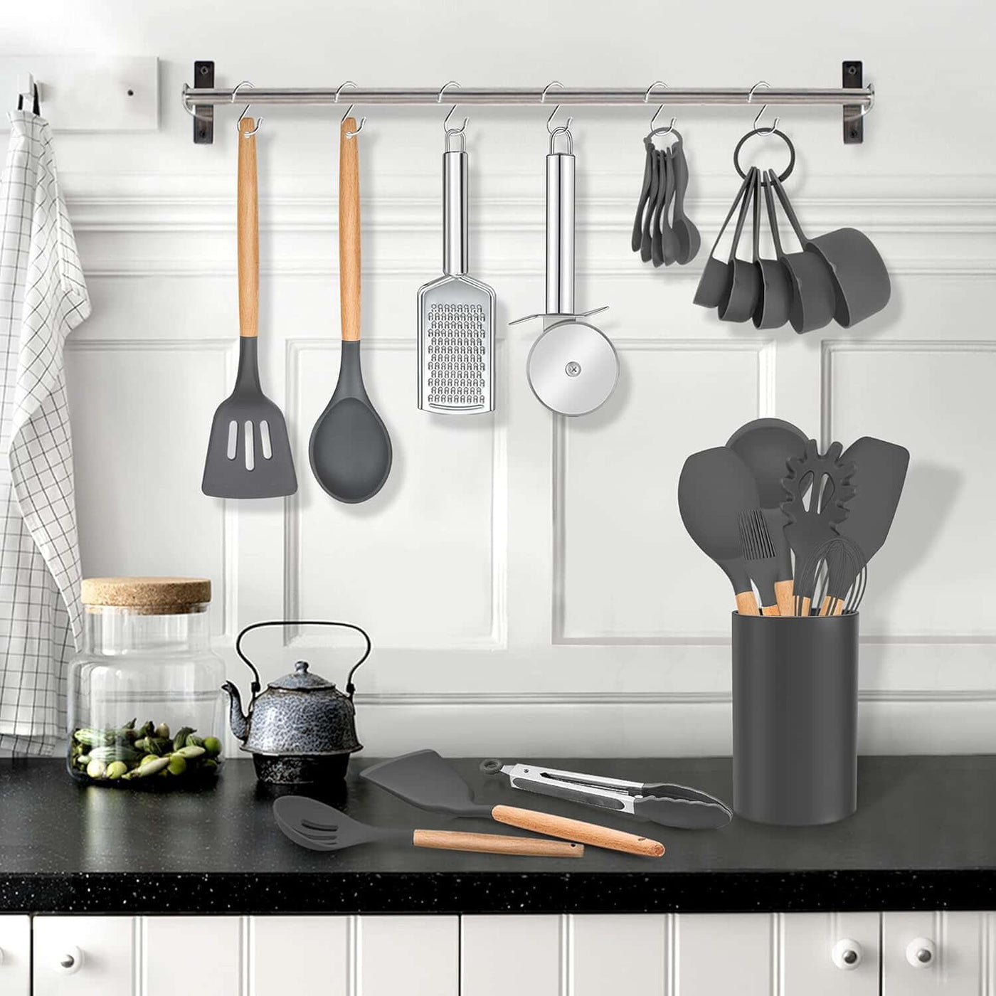 30 PCS Silicone Cooking Utensils Set with Organizer, Silicone Kitchen Essential Utensil Set with Wooden Handle, Kitchen Cookware Gadgets Tools, Kitchen Cooking Tool Heat Resistant, Gray