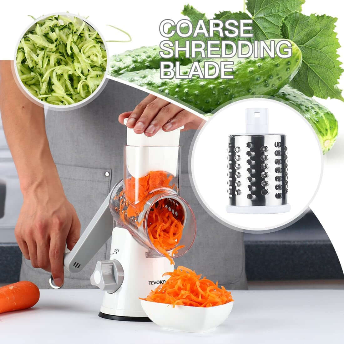 Cheese Grater Rotary Cheese Grater 3 Multi Blade Cheese Shredder Manual Vegetable Slicer with Non-Slip Suction Base Nuts Grinder Vegatable Shredder with Brush Peeler White