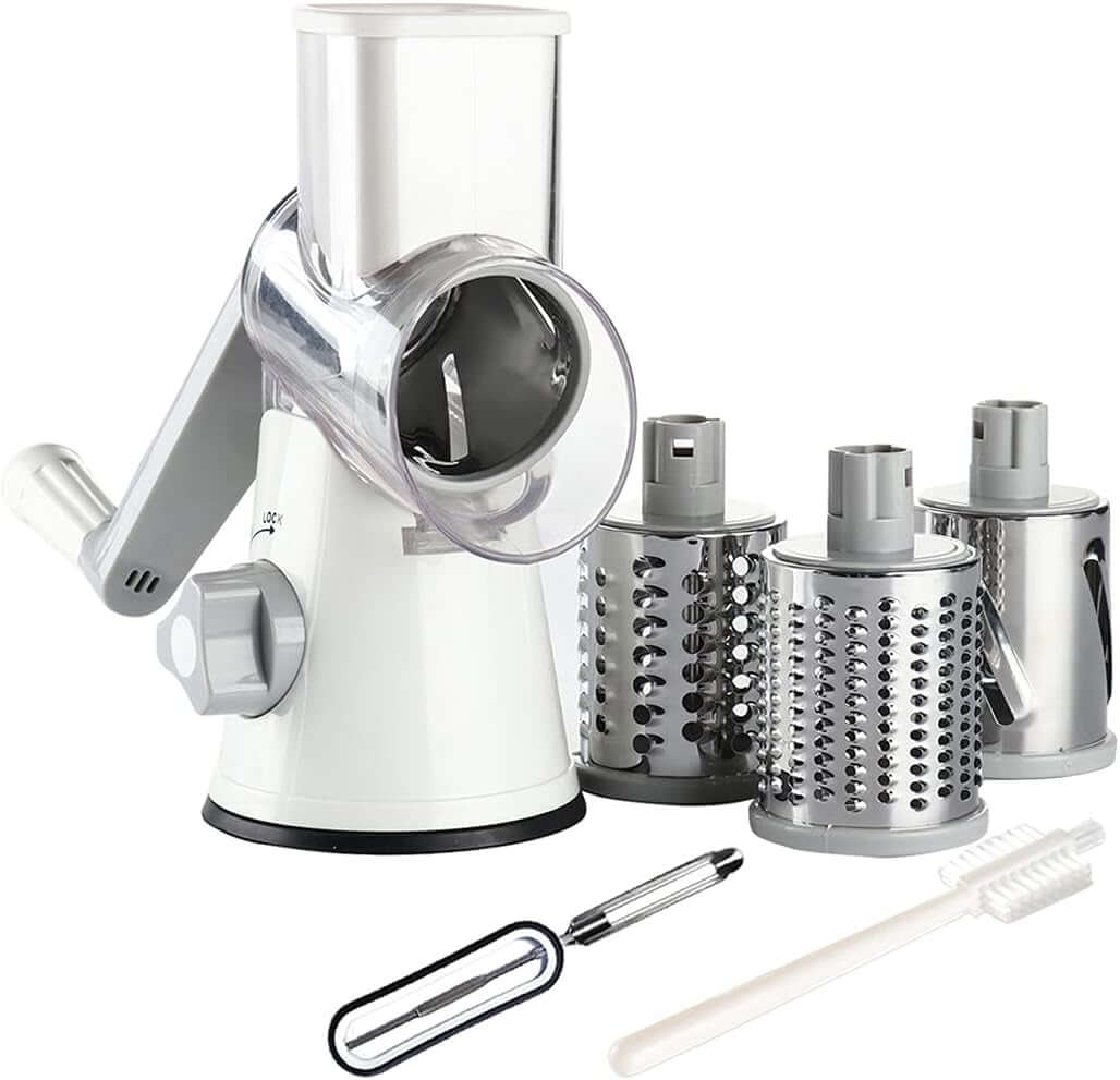 Cheese Grater Rotary Cheese Grater 3 Multi Blade Cheese Shredder Manual Vegetable Slicer with Non-Slip Suction Base Nuts Grinder Vegatable Shredder with Brush Peeler White