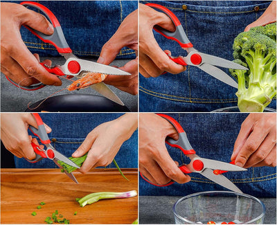 Multifunction Kitchen Scissors 2-Piece Set , Heavy Duty Food Shears for Chicken Meat Vegetable Fish Herb Poultry Stainless Steel Cooking Scissors with Comfortable Handle Scissors Set (Red)