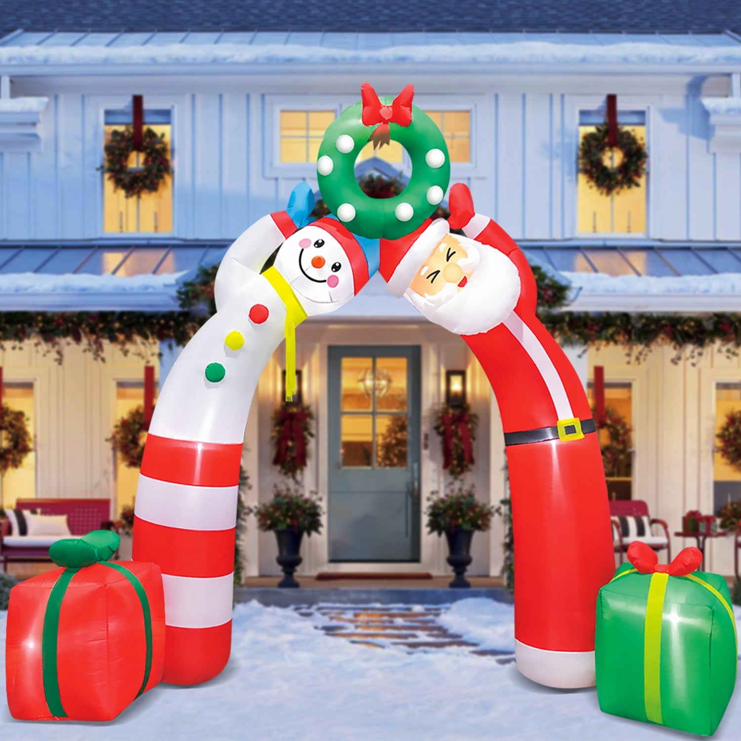 8' Christmas Inflatable Decorations, Xmas Blow up Archway Decor with Santa Claus and Snowman, Built-In LED Lights Outoor Lawn Yard Garden