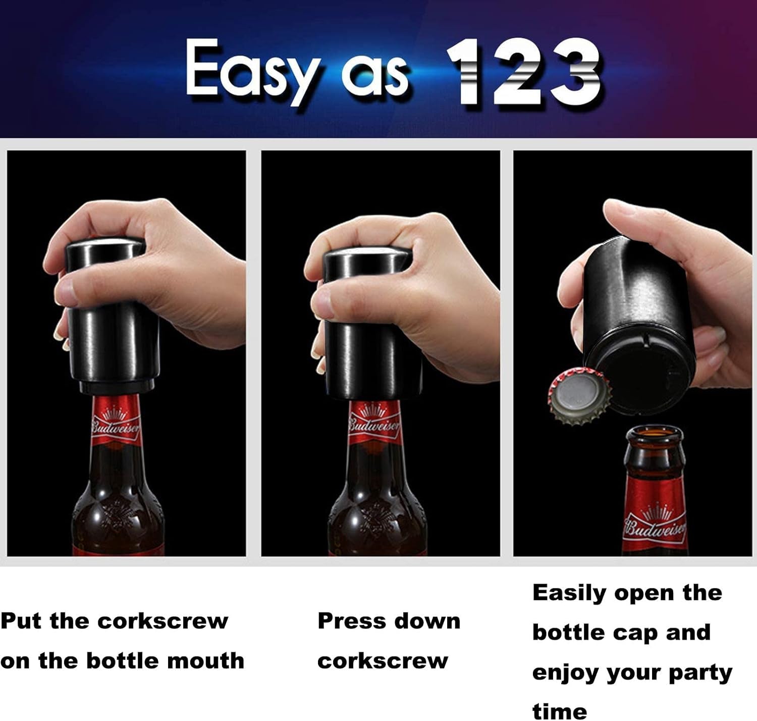 Push down Bottle Opener, Automatic Beer Bottle Openers, Stainless Steel Instant-No-Cap Mover, Funny Kitchen Gadgets, Beer Bar Accessories, Christmas New Year Gifts for Him, Magnetic Corkscrew