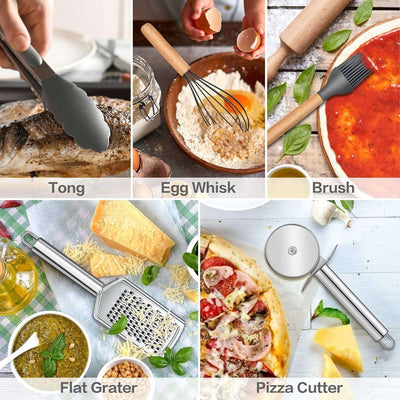 30 PCS Silicone Cooking Utensils Set with Organizer, Silicone Kitchen Essential Utensil Set with Wooden Handle, Kitchen Cookware Gadgets Tools, Kitchen Cooking Tool Heat Resistant, Gray