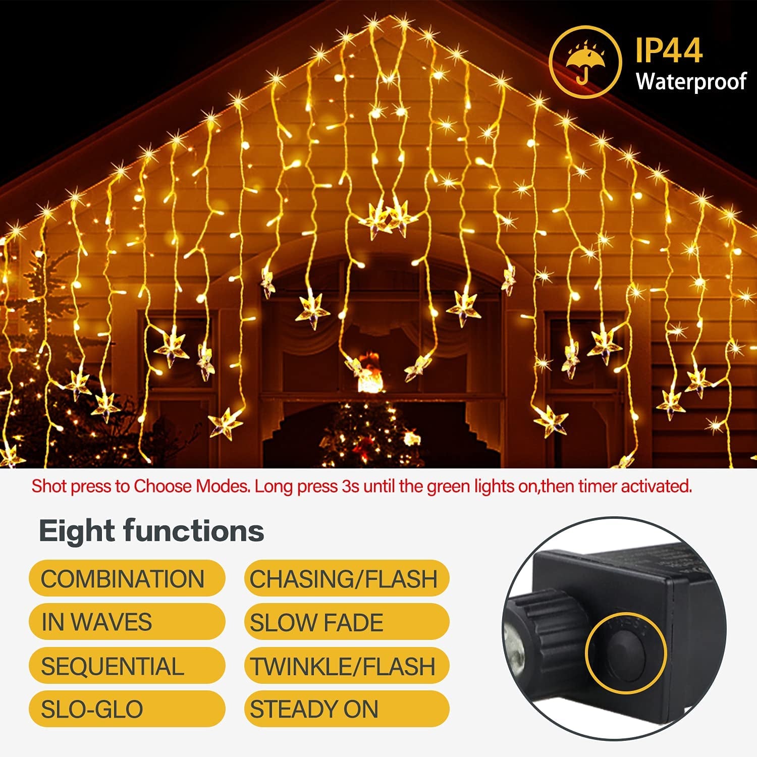 Christmas Lights Outdoor 400 LED 33Ft 8 Modes Christmas Decorations Indoor Curtain Fairy String Light with 75 Drops Stars, Curtain String Light for Christmas Lights Clearance Decor House Window Home