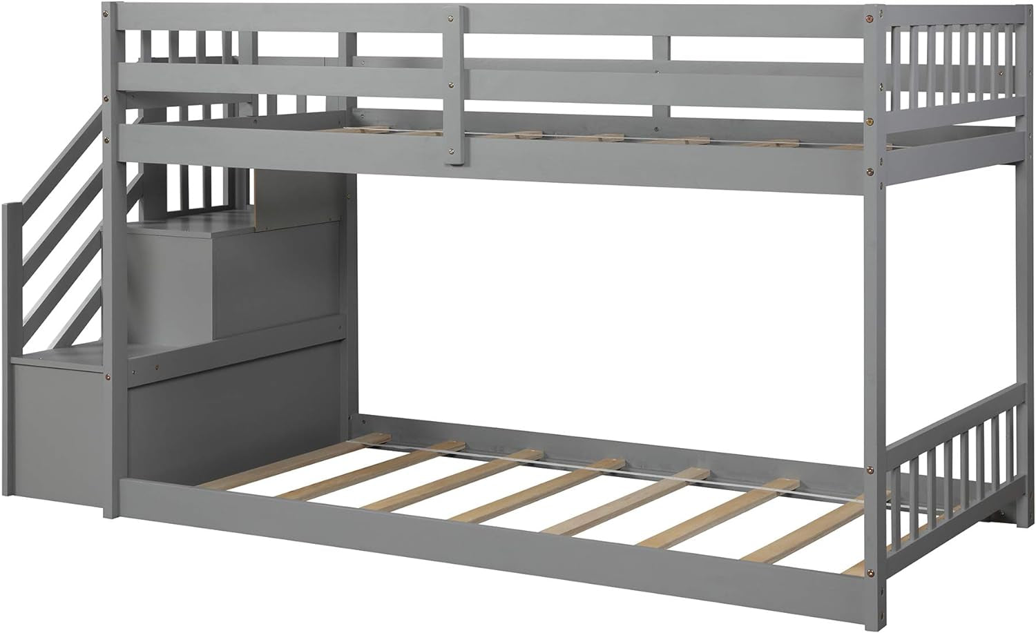 Twin Bunk Beds with Storage for Kids, Low Profile Bunk Beds with Staircase, No Box Spring Needed