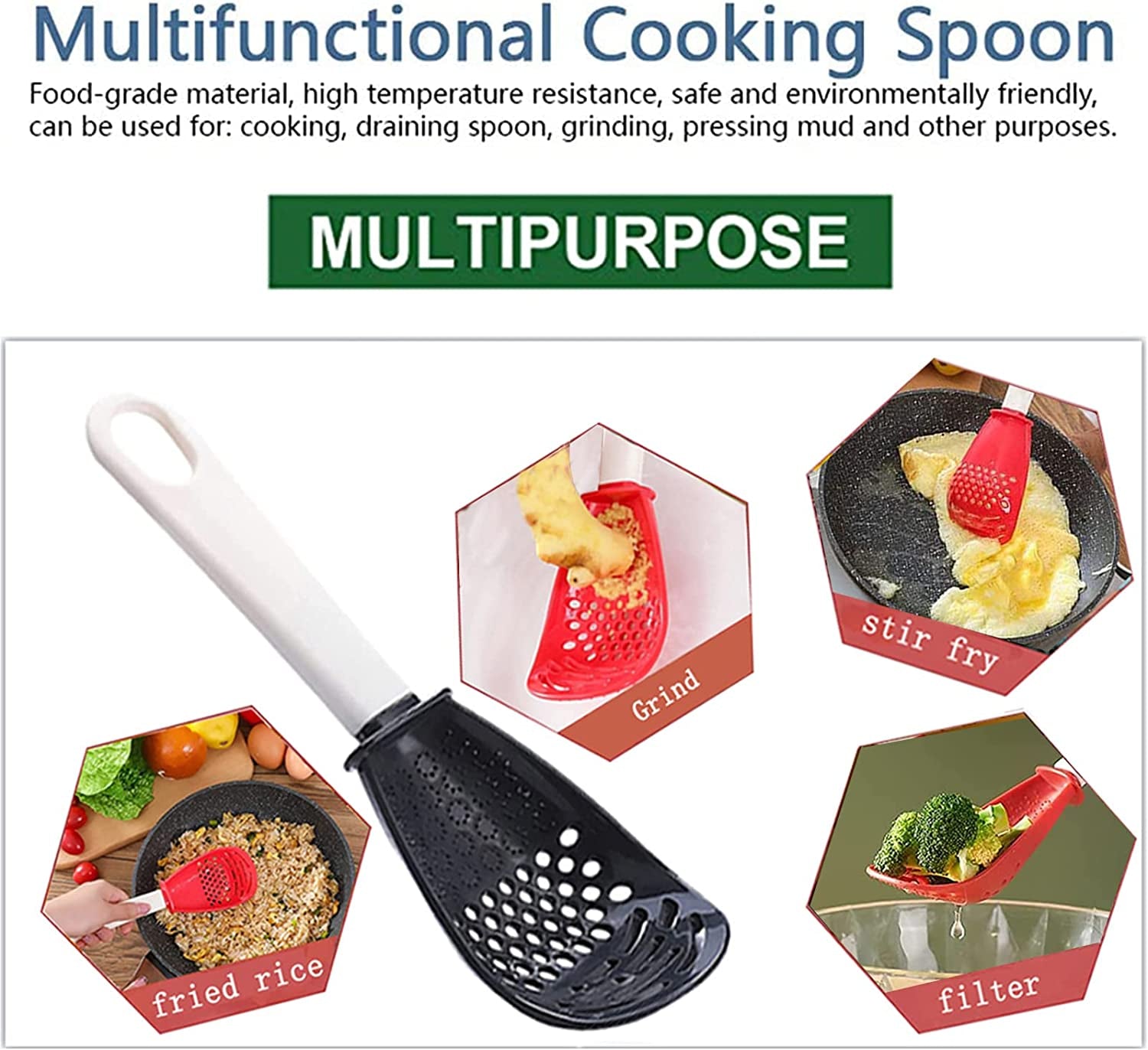 6In1 Multifunctional Kitchen Cooking Spoon- Kitchen Gadgets Strainers for Egg Yolk Separator- Grater Masher- Colander Skimmer Scoop- for Mashing, Grating, Draining, Heat Resistant (Color Mixing)